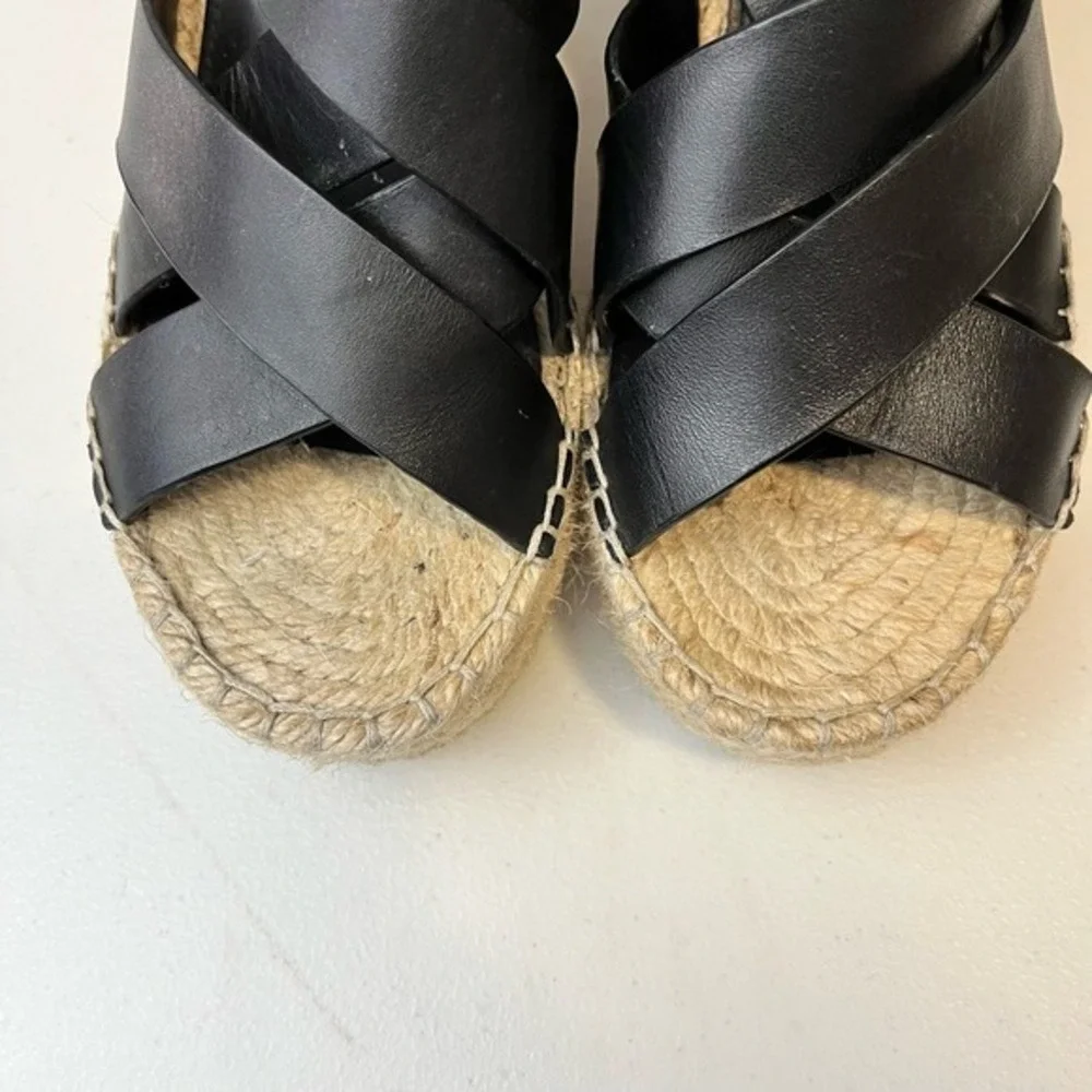 Marc Fisher LTD Wedge Sandals Womens 6.5 Alenni Espadrille Black Leather Jute‎